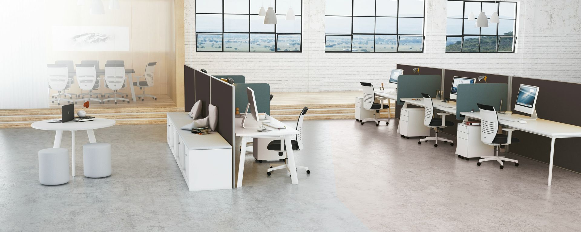 a room with a bunch of desks and chairs